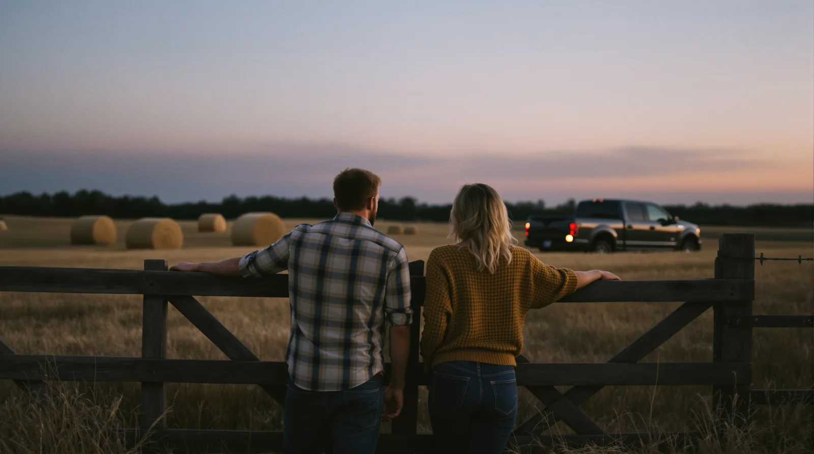 A man and a woman seen from behind, leaning on a wooden gate at the edge of a cut hayfield at dusk, with round bales and a pickup truck in the distance.
