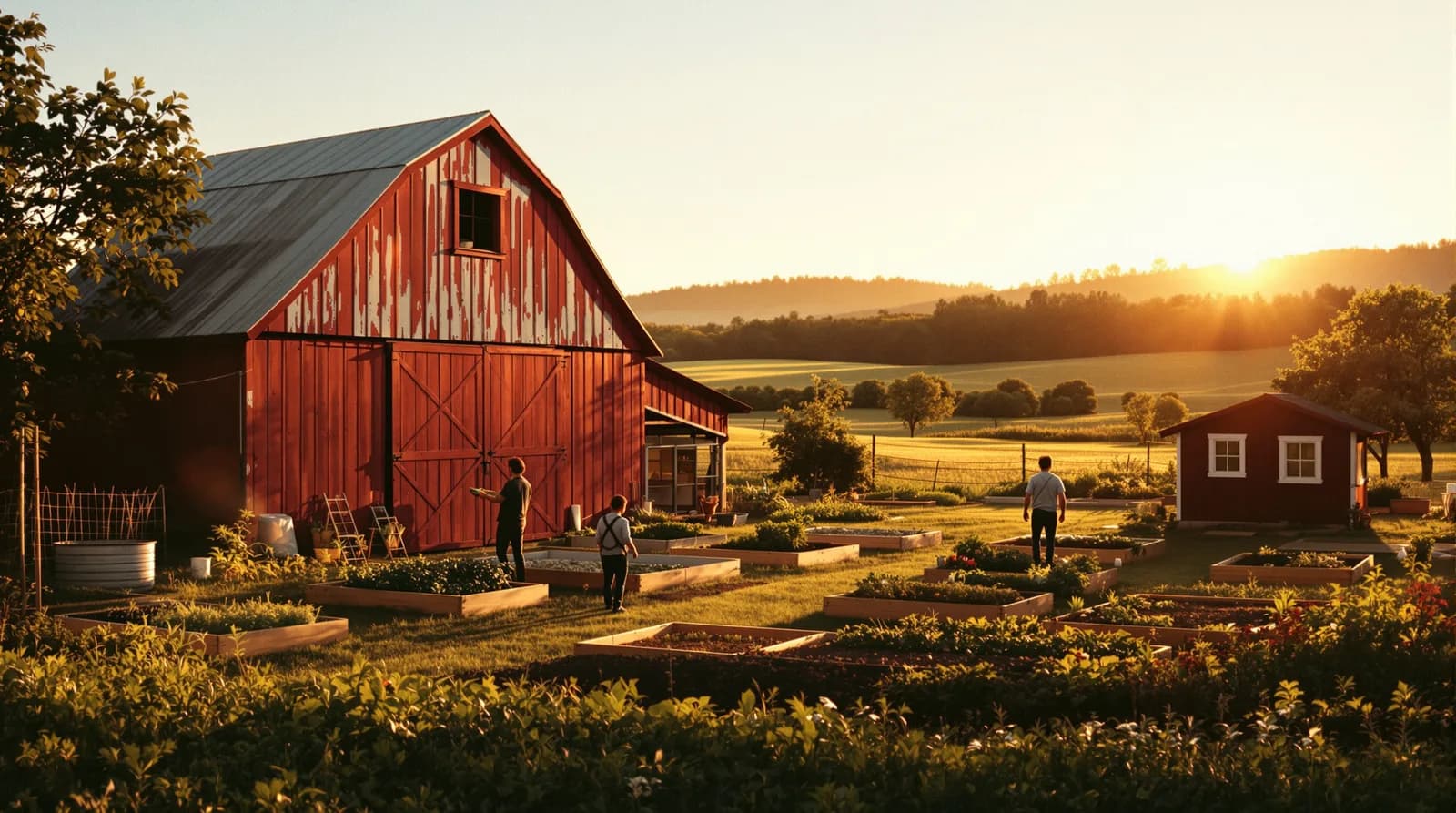 Two people seen from behind working raised garden beds beside a red barn and chicken coop at golden hour, hills beyond