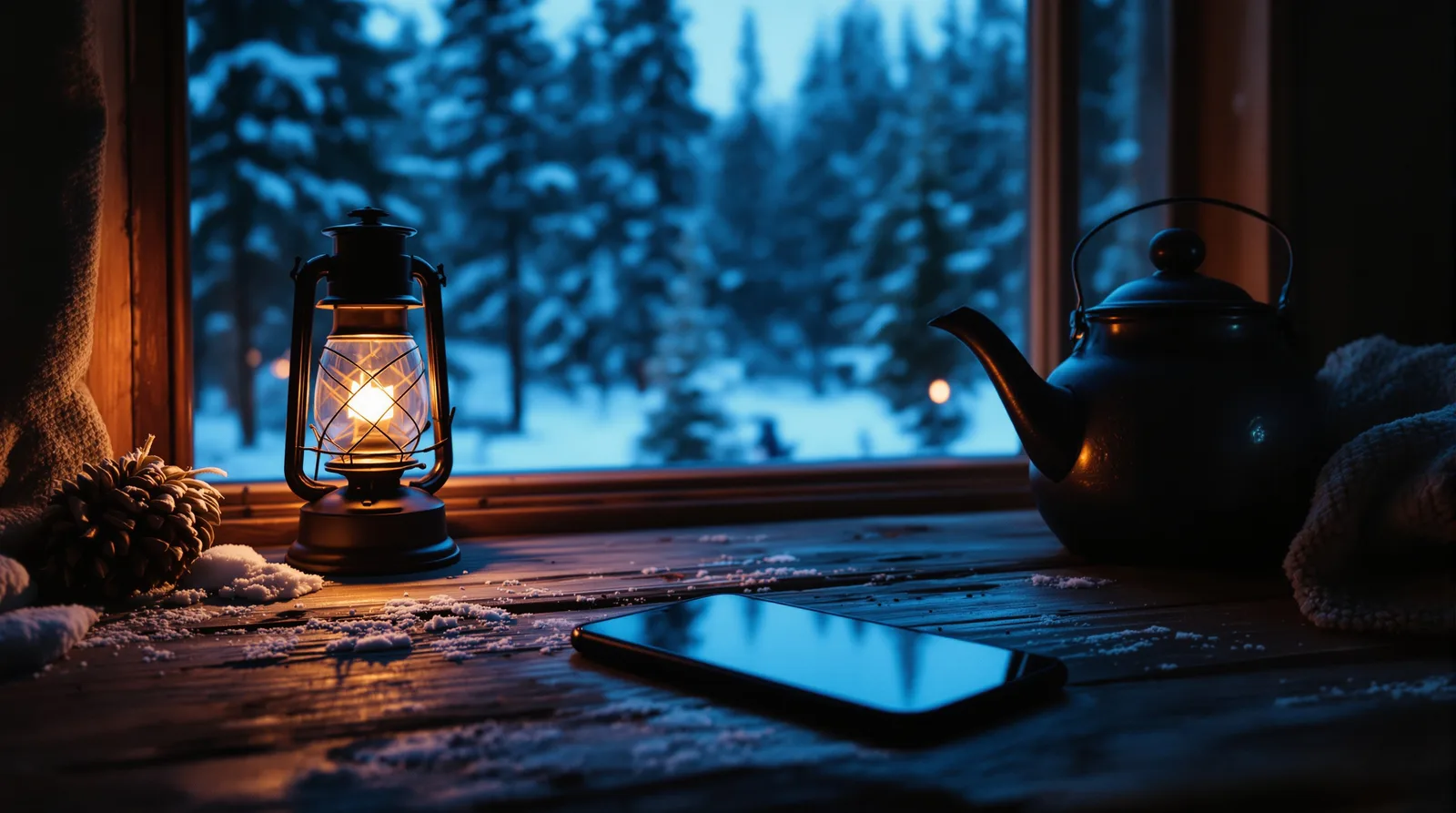 A smartphone face down on a rustic cabin table beside a kettle and glowing lantern, snowy pines outside the window at dusk