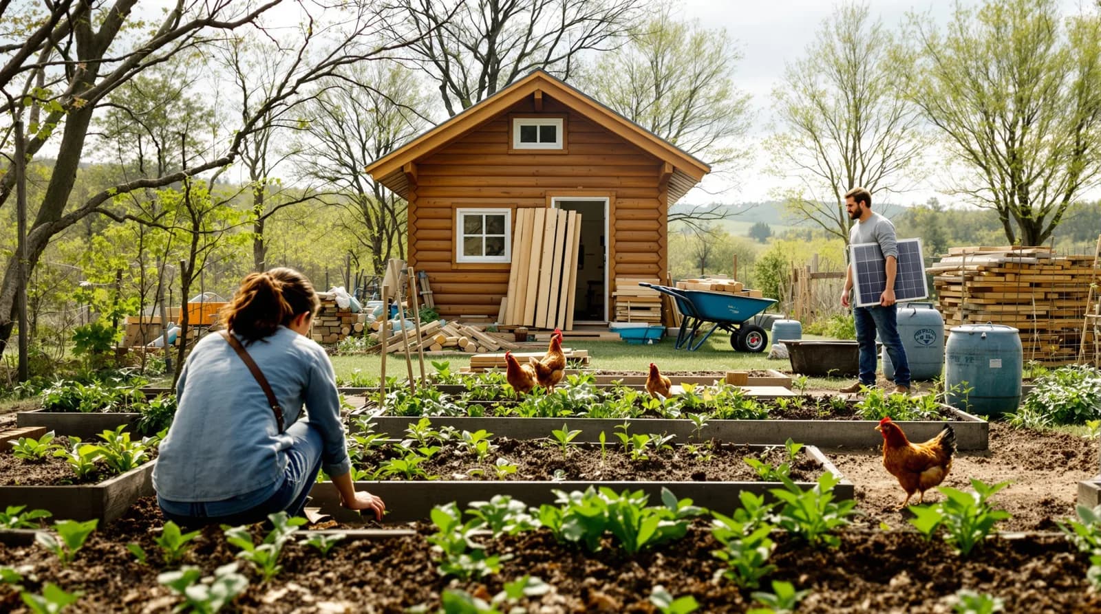 A woman kneels planting seedlings in raised garden beds while a man in the background carries a solar panel toward a log workshop, with chickens and stacked lumber nearby.